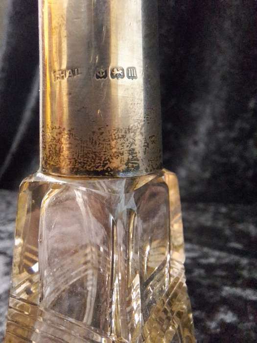 Vintage 1930's Cut Glass Scent Bottle with Silver Sleeve. (Some Damage)