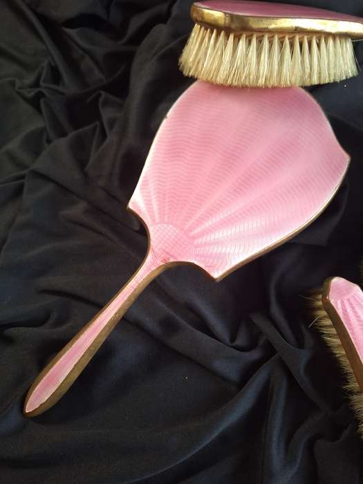 Beautiful Art-Deco Pink Enamel Dressing Table Set.