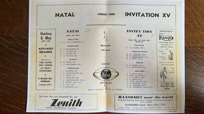 1960 Natal vs Invitation Xv at Kings Park Programme, details below