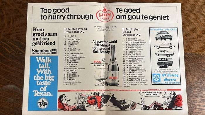 1982 SA Rugby Board Presidents XV vs SA Rugby Board Overseas XV Programme, details below