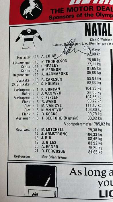 1976 Natal vs All Blacks at Kings Park Signed Programme, details below