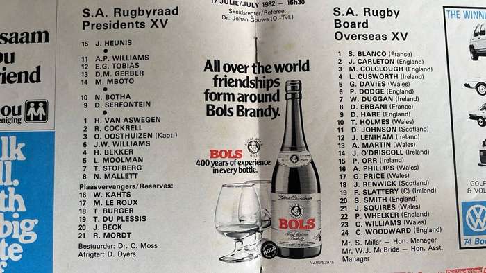 1982 SA Rugby Board Presidents XV vs SA Rugby Board Overseas XV Programme, details below