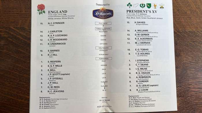 1984 England vs Presidents XV at Twickenham Programme, details below