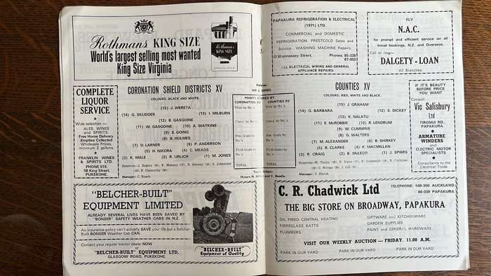 1971 Counties XV vs Coronation Shield Districts XV at Pukekohf Stadium Programme, details below