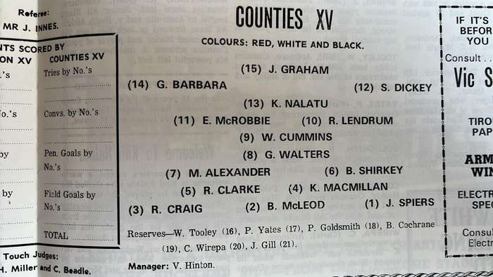 1971 Counties XV vs Coronation Shield Districts XV at Pukekohf Stadium Programme, details below