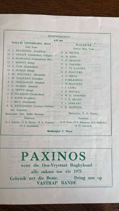 1975 Maluti Uitnodigingspan vs Waitete Nieu Seeland Program, details below