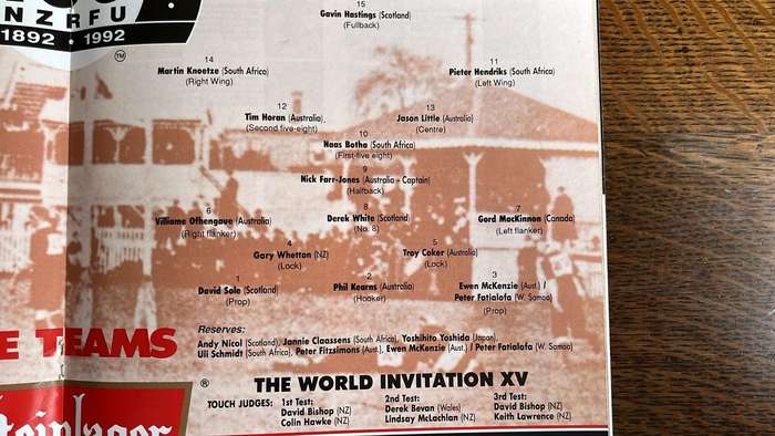 1992 Clash of The Century - All Blacks vs World Invitation XV Programme, details below