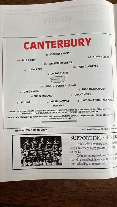 Unusual Programme - 1993 Canterbury vs Western Province in Christchurch, details below