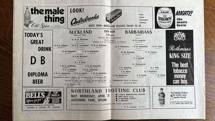 1972 Barbarians vs Auckland at Eden Park Programme, details below