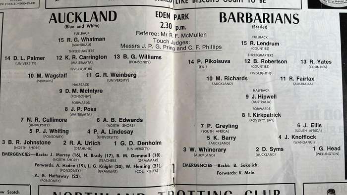 1972 Barbarians vs Auckland at Eden Park Programme, details below