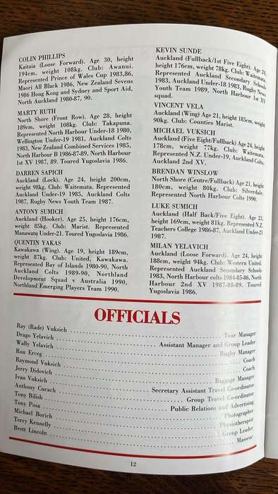 1990 New Zealand Jugoslav Rugby Team World Tour Brochure & Itinerary, details below