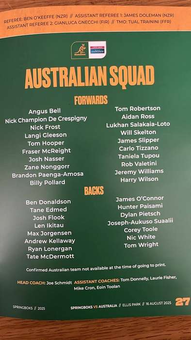 2025 Springboks vs Australia at Ellis Park Stadium Programme, details below