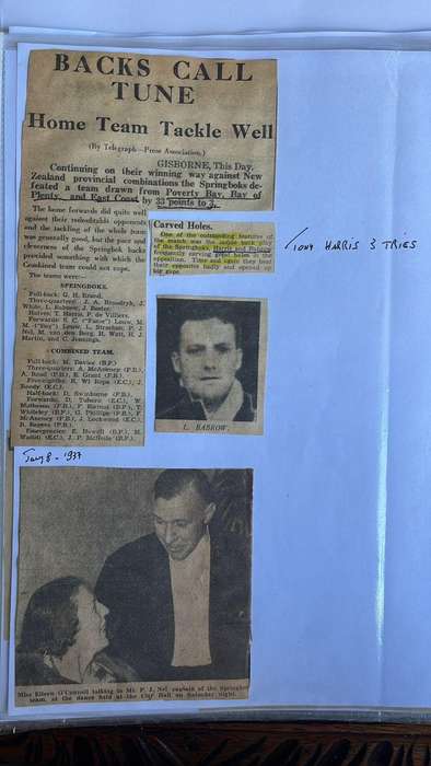From Dai Williams Collection - 1937 Springboks Australasian Tour Scrapbook, details below