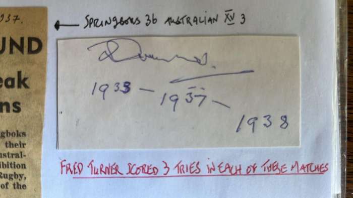 From Dai Williams Collection - 1937 Springboks Australasian Tour Scrapbook, details below