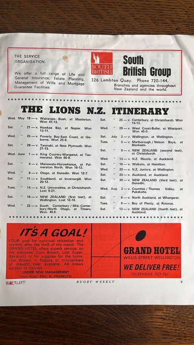 1977 British Lions vs Wellington at Athletic Park Programme, details below
