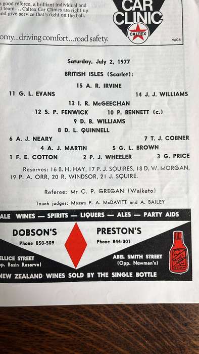 1977 British Lions vs Wellington at Athletic Park Programme, details below