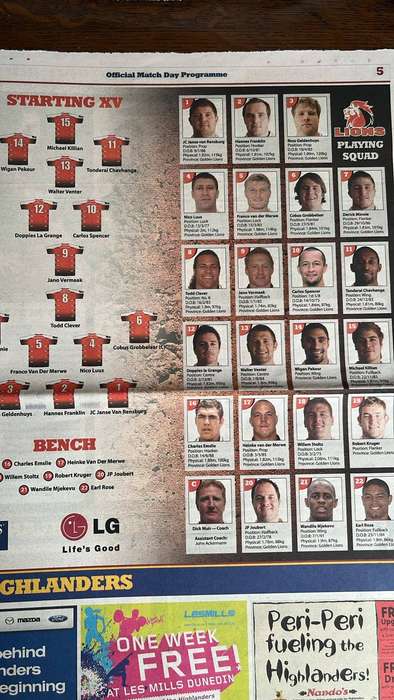 2010 Otago Highlanders vs  Transvaal Lions at Carisbrook Programme, details below