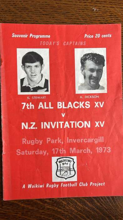 1973 All Blacks XV vs New Zealand Invitation XV at Invercargill Programme, details below