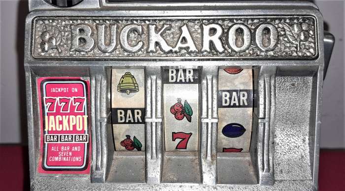 Vintage BUCKAROO Casino Slot Machine Money Box - Arm, Wheels & Win Sound Works