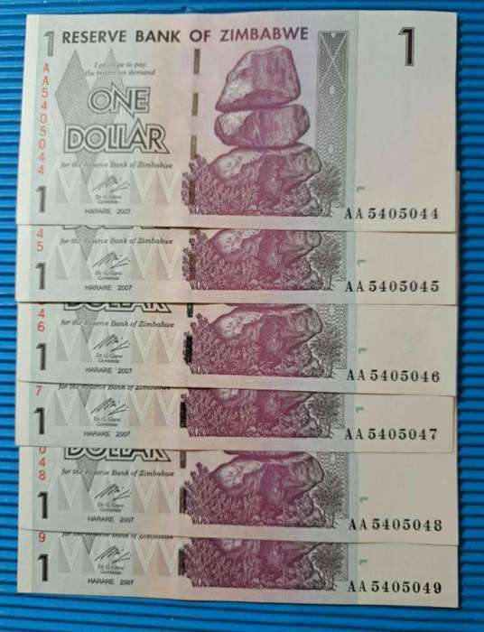 *** 6 X ZIMBABWE ONE DOLLAR NOTES IN SEQUENCE AA5405044 TO AA5405049 ***