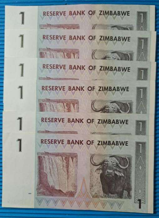 *** 6 X ZIMBABWE ONE DOLLAR NOTES IN SEQUENCE AA5405044 TO AA5405049 ***