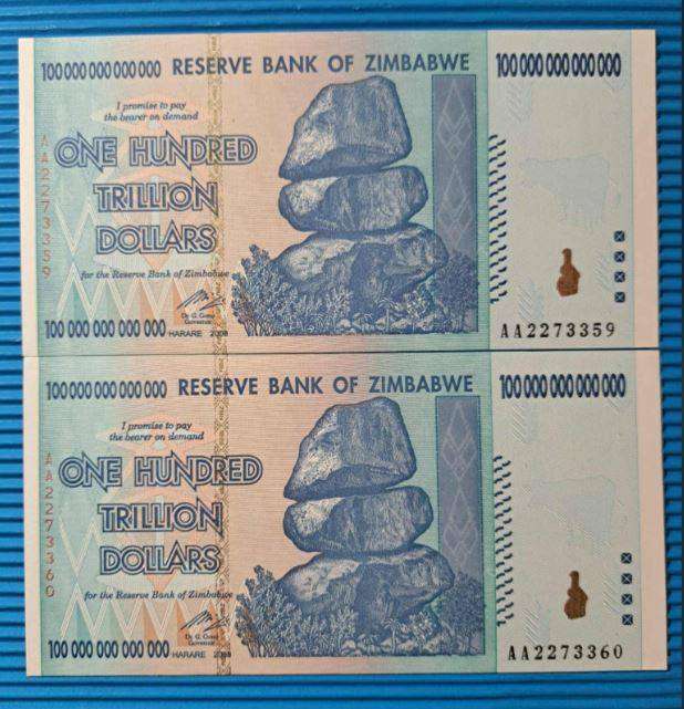 *** 2 X ZIMBABWE 100 TRILLION DOLLAR NOTES IN SEQUENCE - AA2273359 TO AA2273360 - 100% AUTHENTIC ***