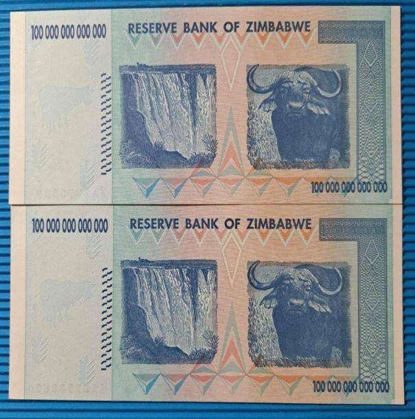 *** 2 X ZIMBABWE 100 TRILLION DOLLAR NOTES IN SEQUENCE - AA2273359 TO AA2273360 - 100% AUTHENTIC ***
