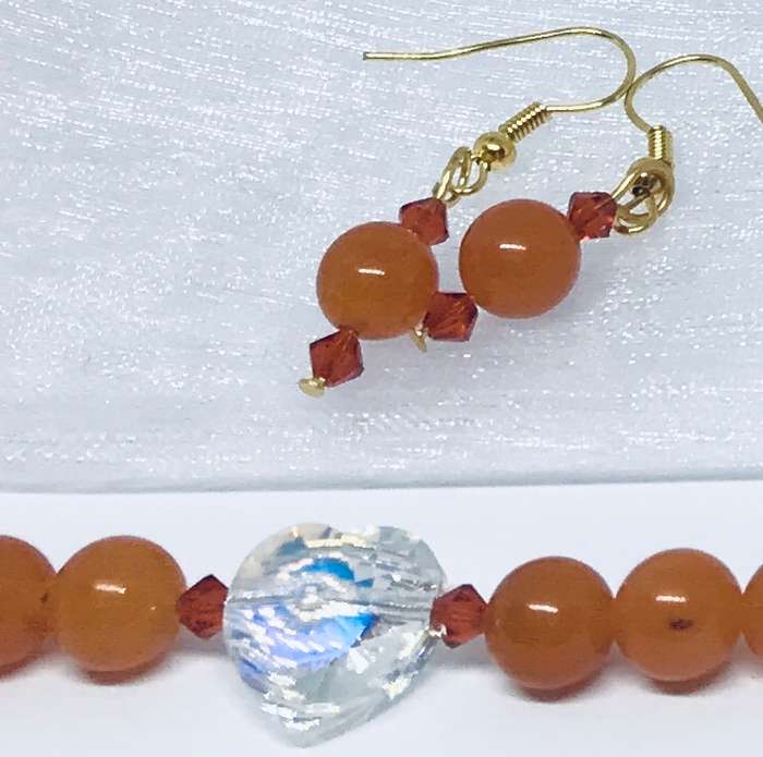 Carnelian & Swarovski Crystal Heart Necklace & Earrings - Beautiful
