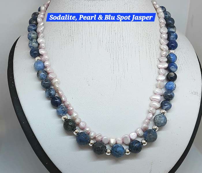 Unusual & Unique Double Necklace. Sodalite, Blue Spot Jasper and Pearls - what a combination