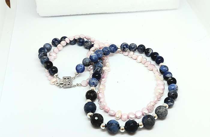 Unusual & Unique Double Necklace. Sodalite, Blue Spot Jasper and Pearls - what a combination