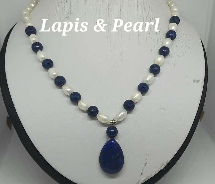 Genuine Pearl and Lapis Lazuli Teardrop Necklace - Love this design!