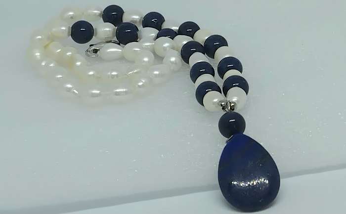 Genuine Pearl and Lapis Lazuli Teardrop Necklace - Love this design!