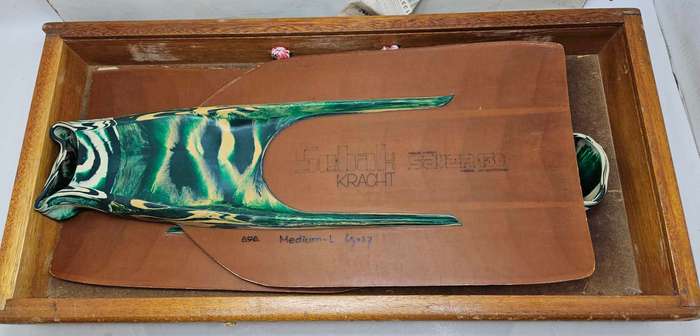 Vintage Sebak Saver handmade in Estonia swimming fins with original wooden box