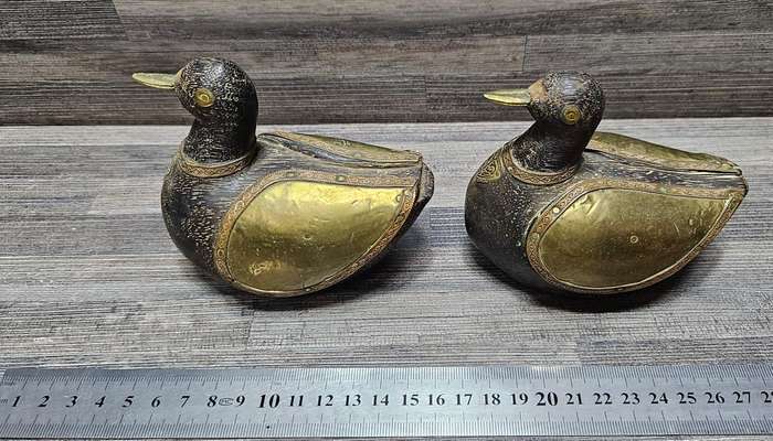 Stunning vintage wooden ducks with brass & copper detail