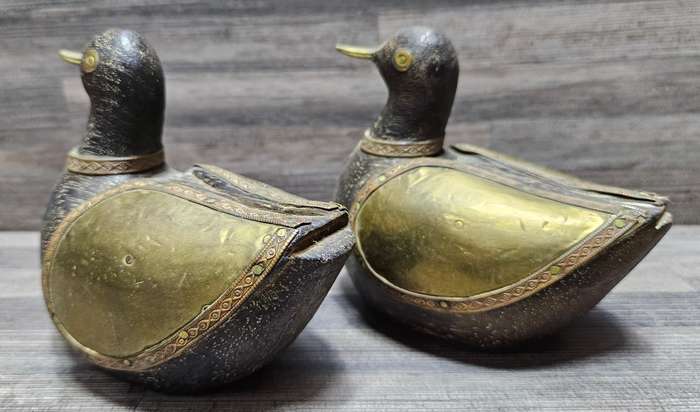 Stunning vintage wooden ducks with brass & copper detail