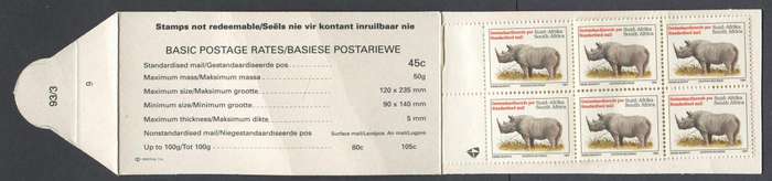 RSA - Rhino Booklet Flap 93/3 9  and No Date on Pane - MNH