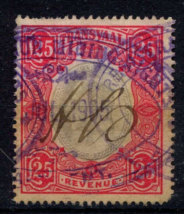 Transvaal - Revenue - 25 Pound - wmk Crown CC - 1902 - Used