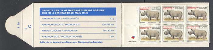 RSA - Rhino Booklet Flap 2 95 4 C  and Date on Pane 1996-04-09 - MNH