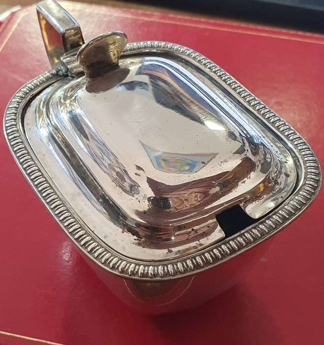 STERLING SILVER MUSTARD POT WITH COBALT BLUE GLASS INNER.