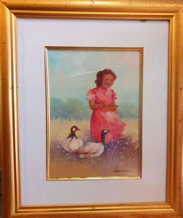 FREDA VAN DER MERWE. MIXED MEDIA. ORNATE FRAME WITH GLASS. 500mm X 420mm