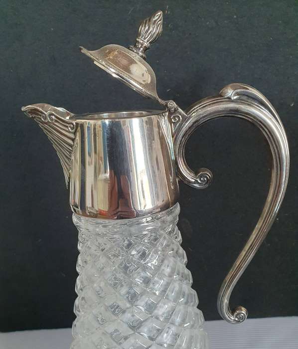 ANTIQUE CUT GLASS CLARET JUG HEAVY SILVER PLATED LID AND HANDLE