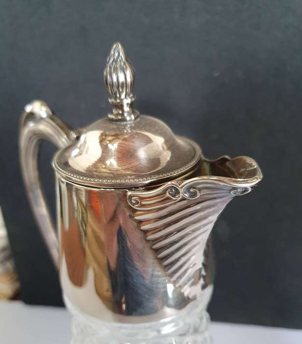 ANTIQUE CUT GLASS CLARET JUG HEAVY SILVER PLATED LID AND HANDLE