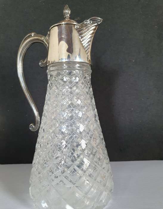 ANTIQUE CUT GLASS CLARET JUG HEAVY SILVER PLATED LID AND HANDLE