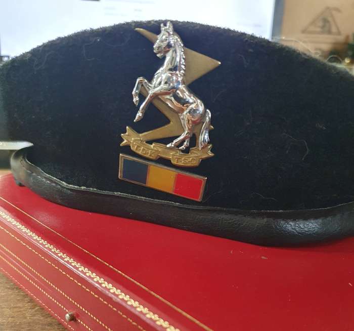 SADF- TDK CORPS BERET WITH BADGE AND BALKIE. 56cm.