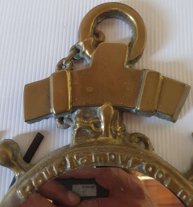 VINTAGE HUGE SOLID BRASS SHIPS ANKER MIRROR.