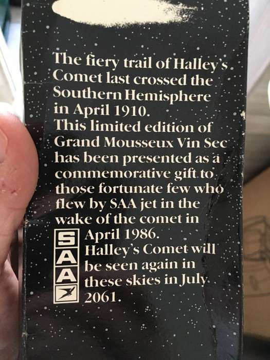 I FOLLOWED THE COMET EMPTY BOTTLE IN BOX WITH SLIDE AND CERTIFICATE - 1986 - SAA - HALLEY COMET