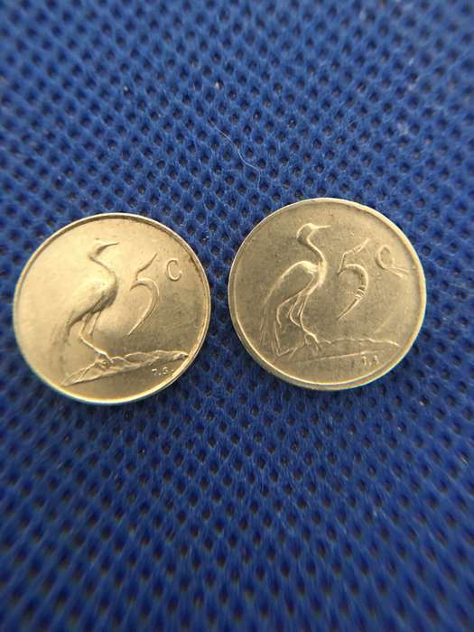 SOUTH AFRICA TWO 5c COINS BOTH ENGLISH - JAN VAN RIEBEECK - 1965 - 1969