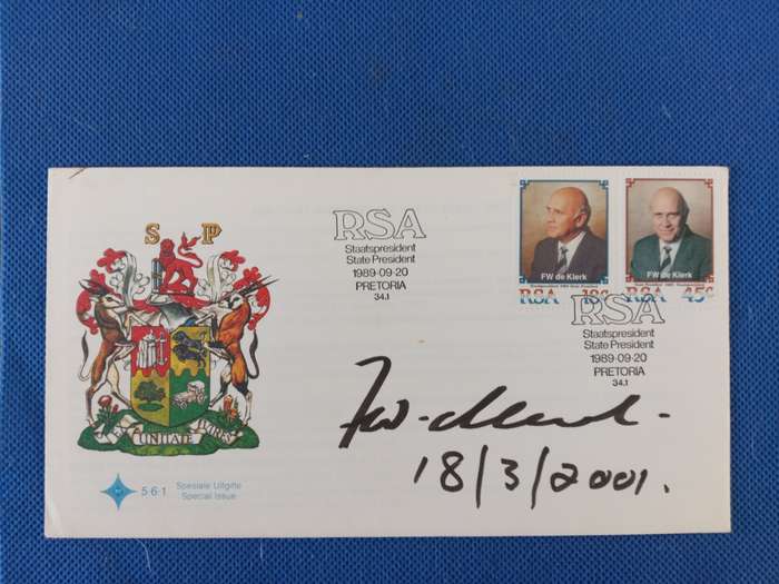 LOVELY SIGNED FIRST DAY COVER - FORMER PRESIDENT DE KLERK - 2001