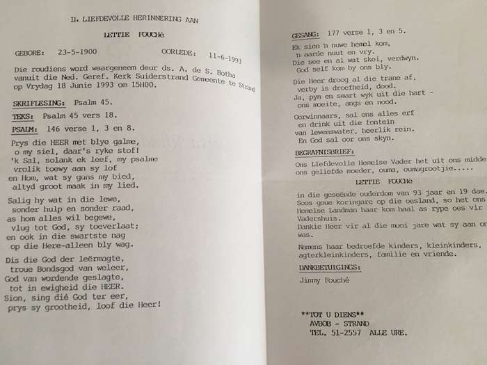 LOT OF  MATTER OF FORMER PRESIDENT WIFE  - LETTA RHODA FOUCHE 1900-1993 AND BURIEL PROGRAMME
