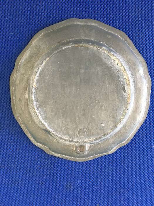 VINTAGE TO ANTIQUE HAND PAINTED ENAMEL AND PEWTER COASTER OR SMALL WALL HANGING
